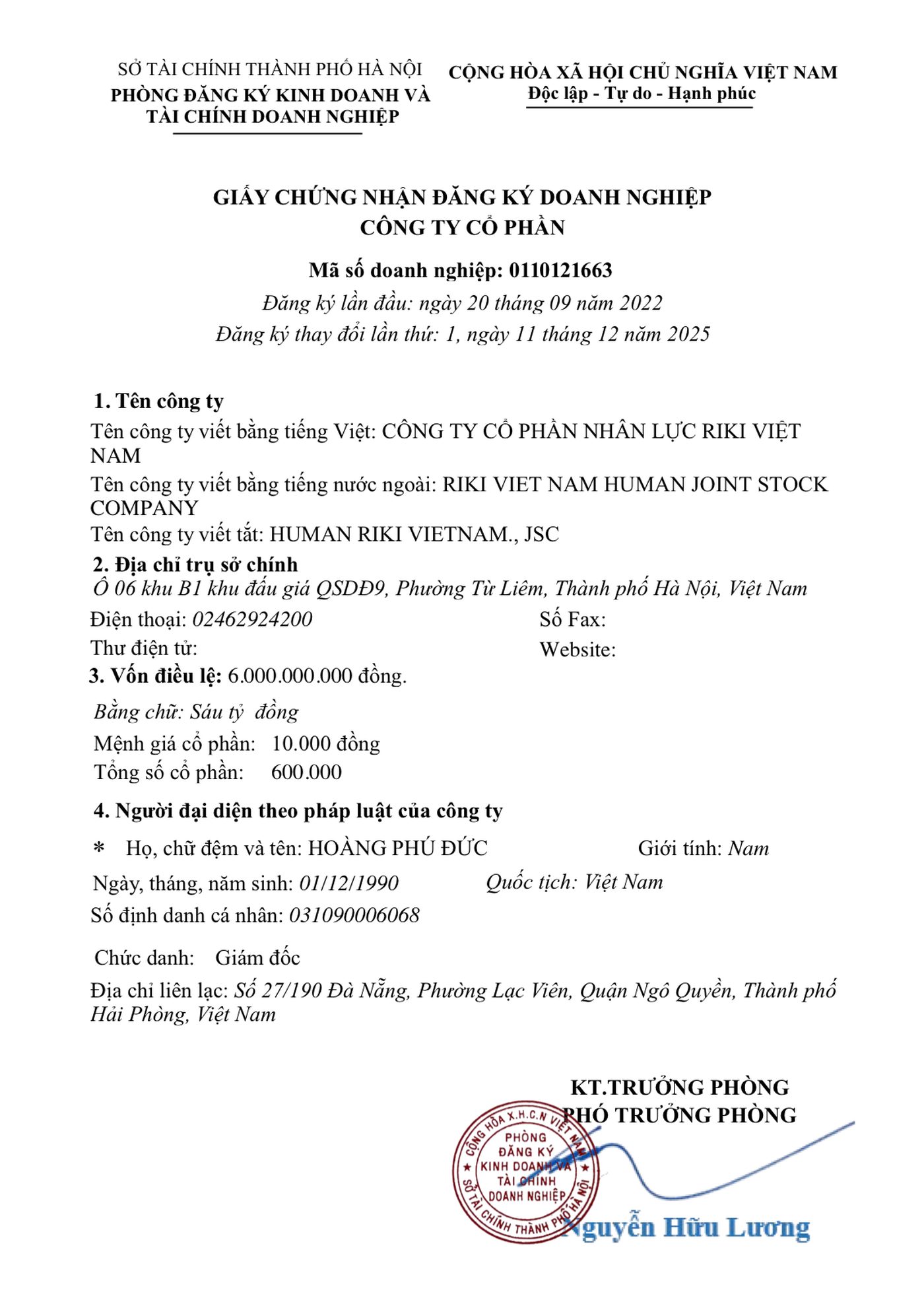 Giấy phép của Công ty cổ phần Nhân lực Riki Việt Nam